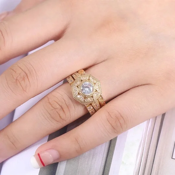 New Women’s 3pc/Set Yellow Gold Plated Diamond Ring - Picture 2 of 6